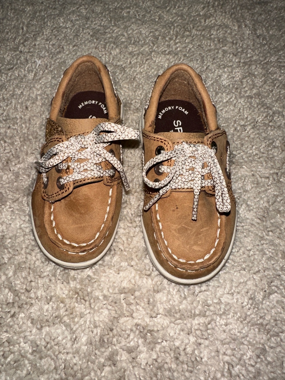 Sperry Kids Tan Moccasin Boat Shoes with White Patterned Laces